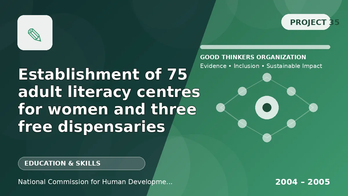 Establishment of 75 adult literacy centres for women and three free dispensaries